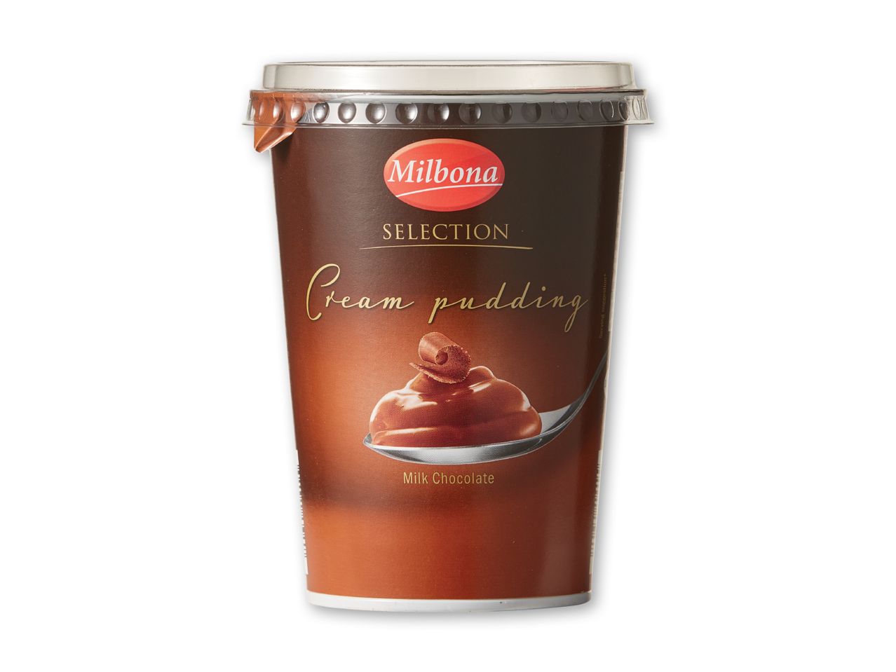 Milbona Selection Cream Pudding med mælkechokolade i en brun kop.