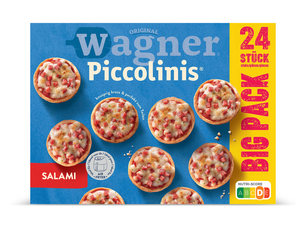 24 mini-pizza's met salami, knapperig en perfect om te delen, met Nutri-Score D.