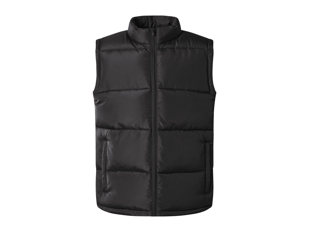 Men's black puffer gilet with a high collar and zip closure