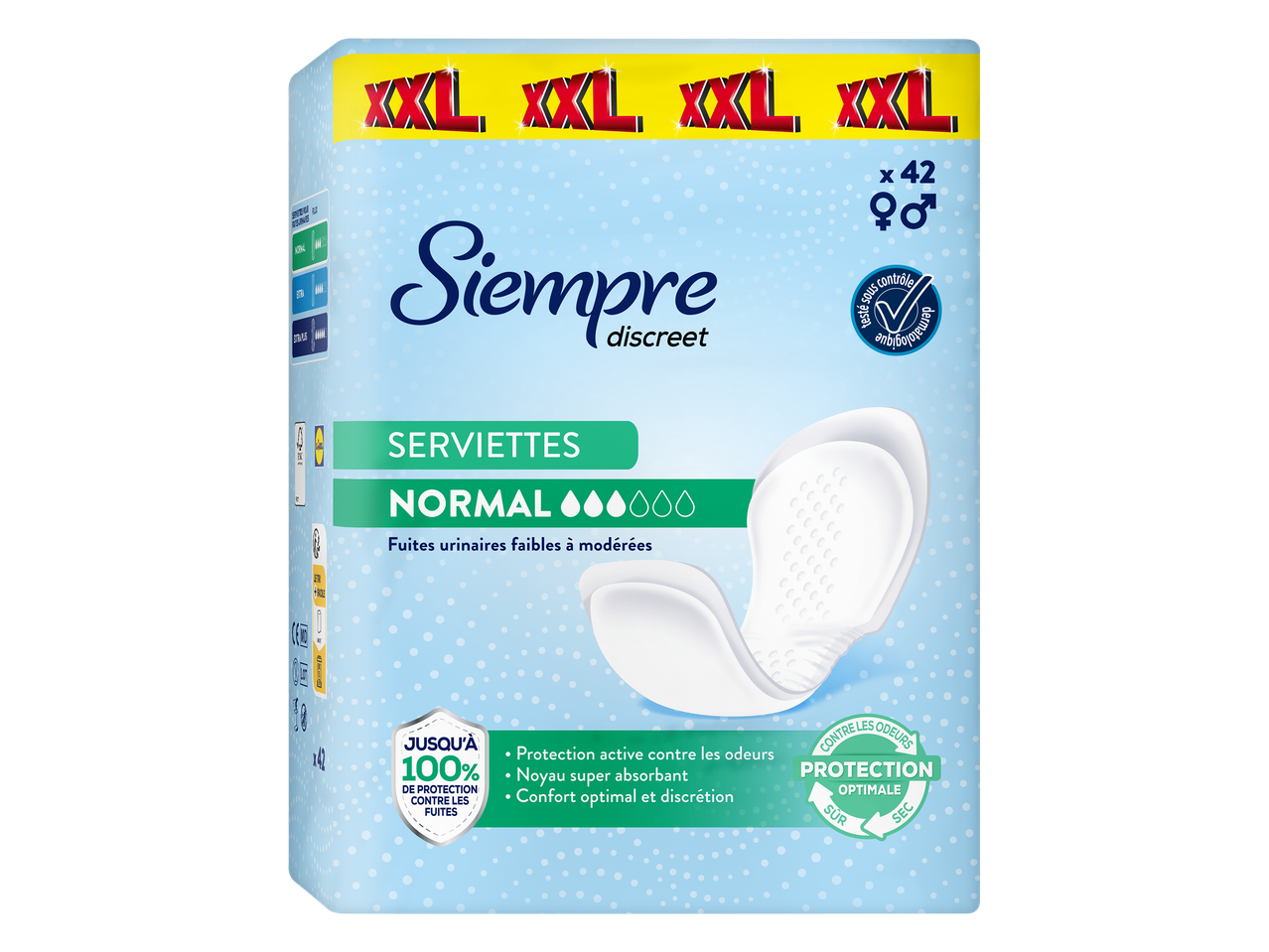 Paquet de serviettes hygiéniques pour fuites urinaires légères à modérées, taille XXL, 42 unités.