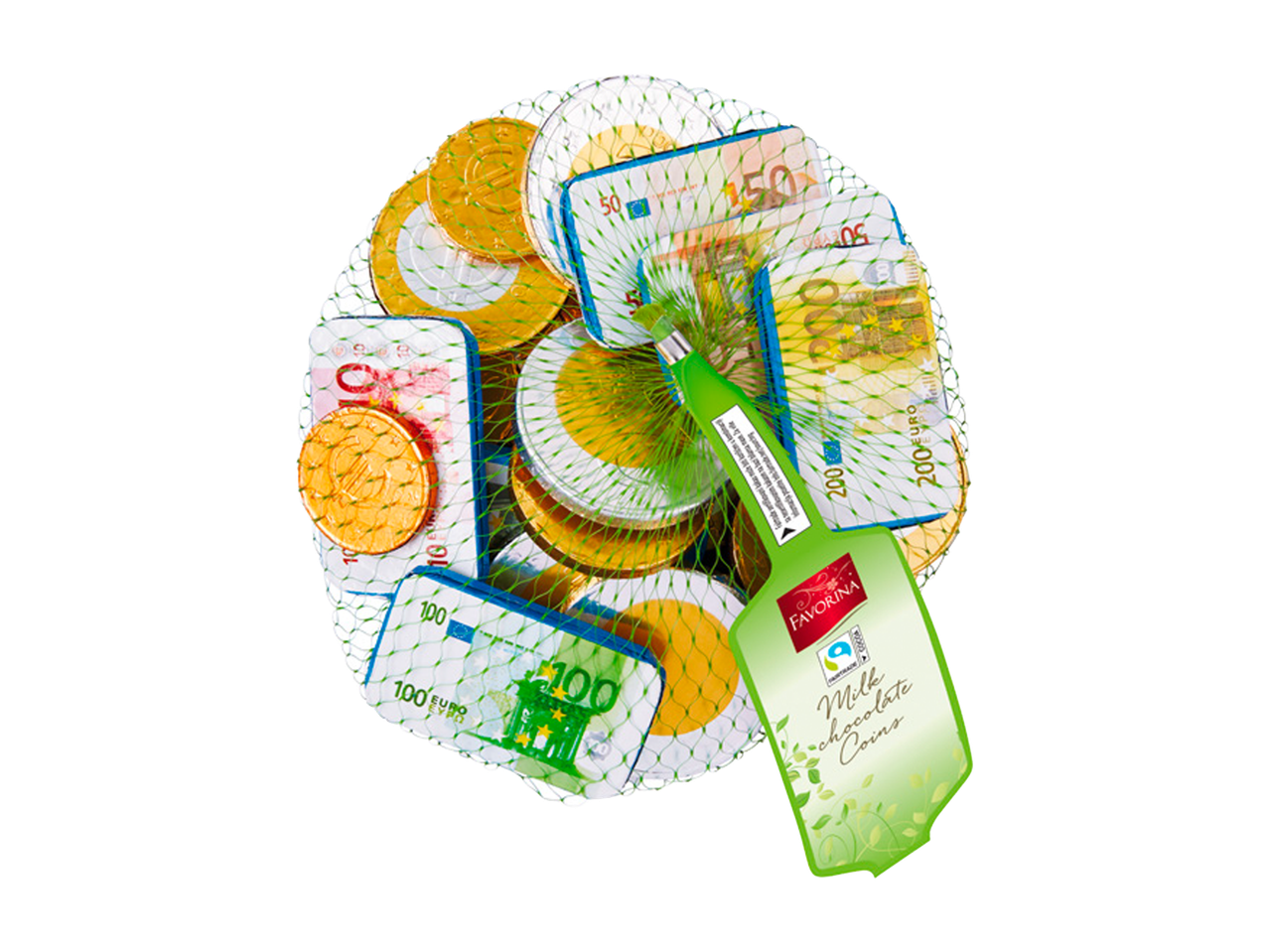 Mrežasta kesa sa čokoladnim novčićima i novčanicama od mlečne čokolade.