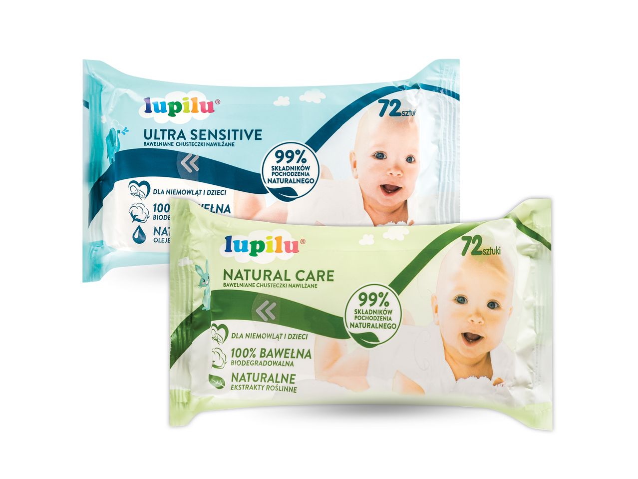 Lupilu drėgnos servetėlės: Ultra Sensitive ir Natural Care, 72 vnt., 99% natūralių ingredientų.
