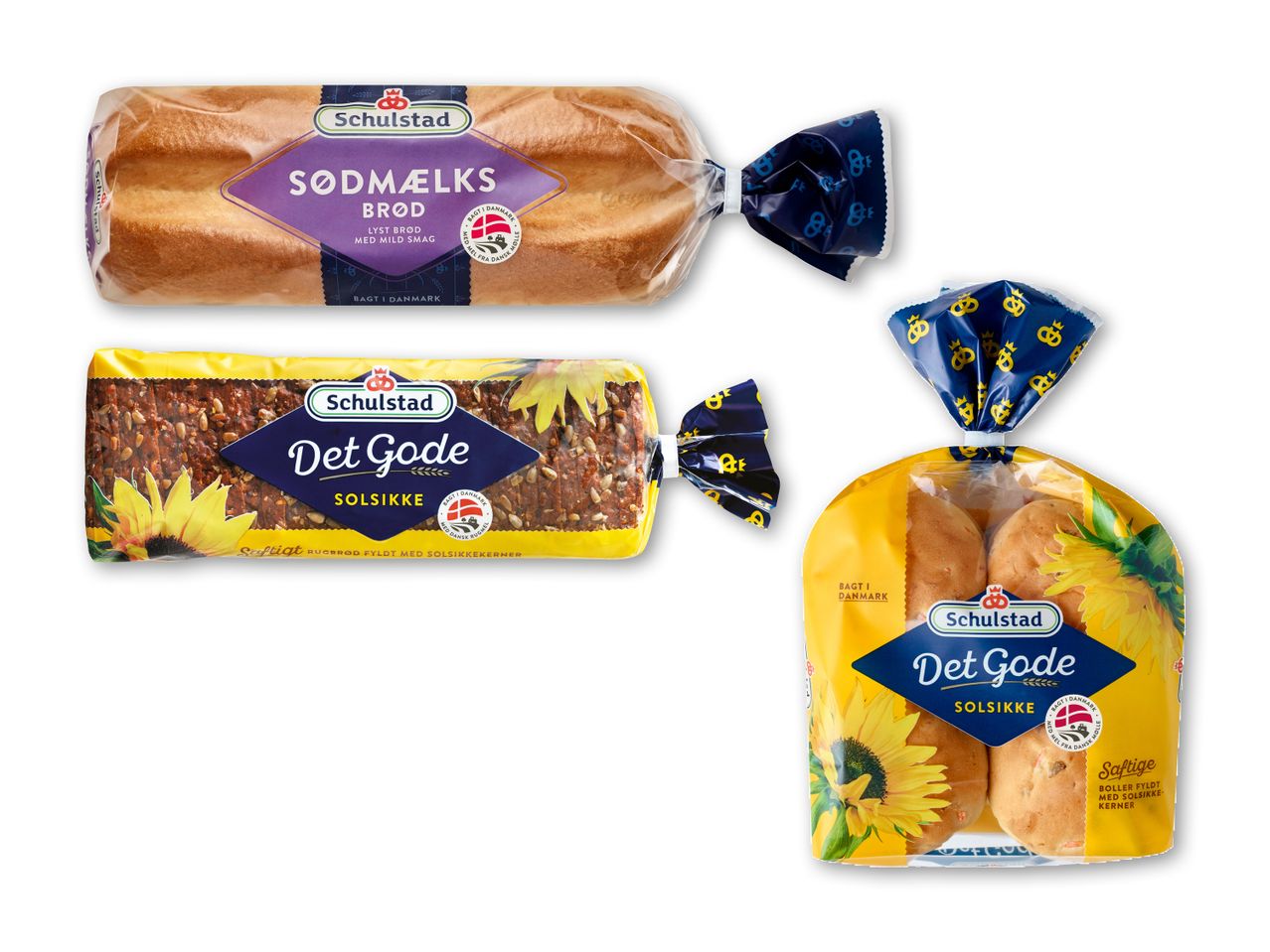 Sødmælksbrød, solsikke rugbrød og solsikkeboller i emballage.