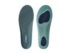 Two green Crivit shoe insoles, one showing the top with ventilation holes, the other the bottom.