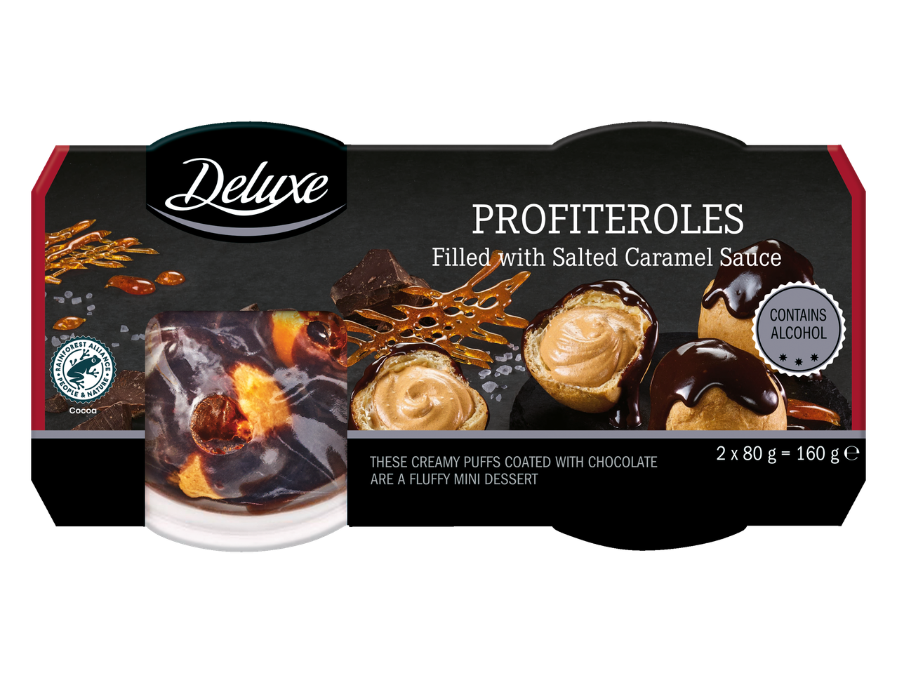 Profiterole Deluxe cu caramel sărat și ciocolată.