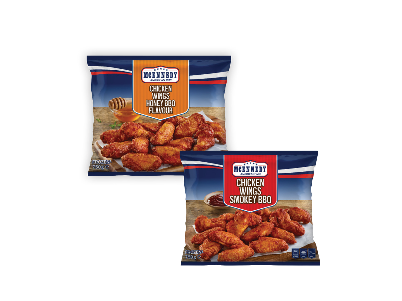 Du „McEnnedy“ vištienos sparnelių pakeliai: medaus BBQ ir dūmo BBQ skonio.