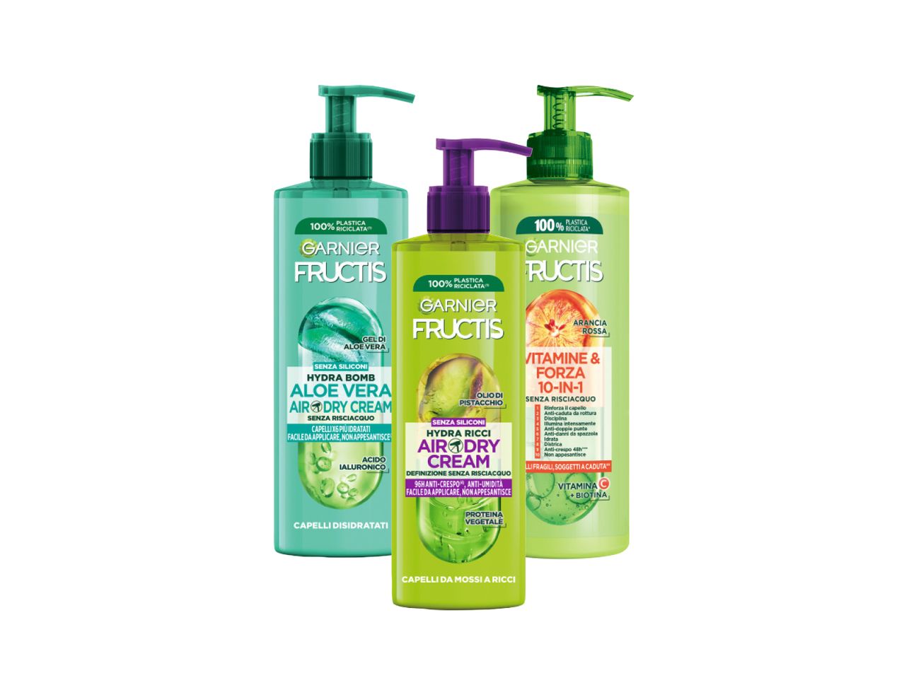 Tre prodotti Garnier Fructis per capelli: Hydra Bomb, Hydra Ricci Air Dry Cream e Vitamine & Forza 10-in-1.