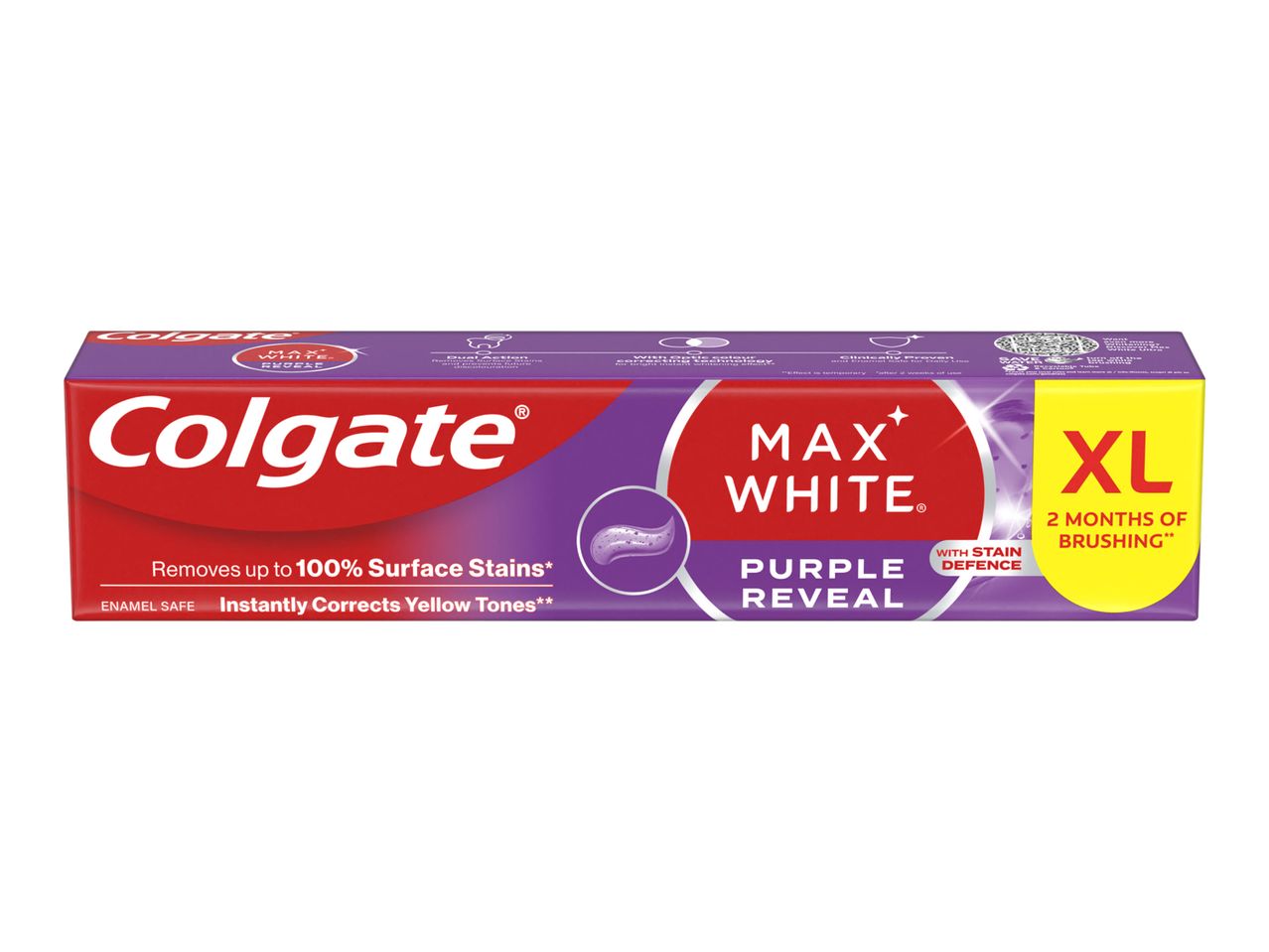 Cutie de pastă de dinți cu efect de albire, cu textul 'Max White Purple Reveal' și 'XL 2 Months of Brushing'.