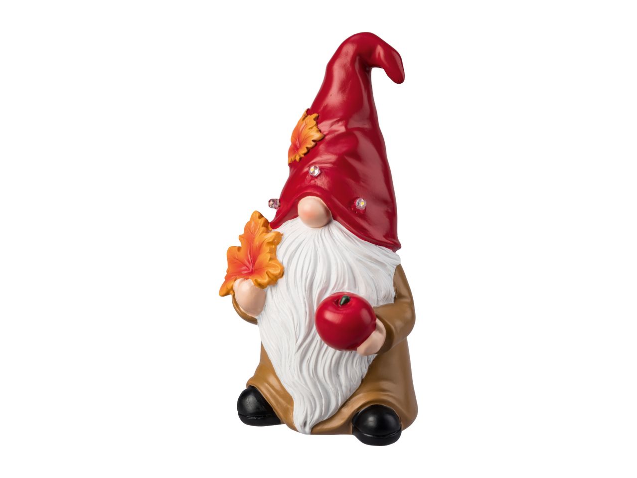 Autumn gnome figurine with a red hat, holding an orange leaf and a red apple.
