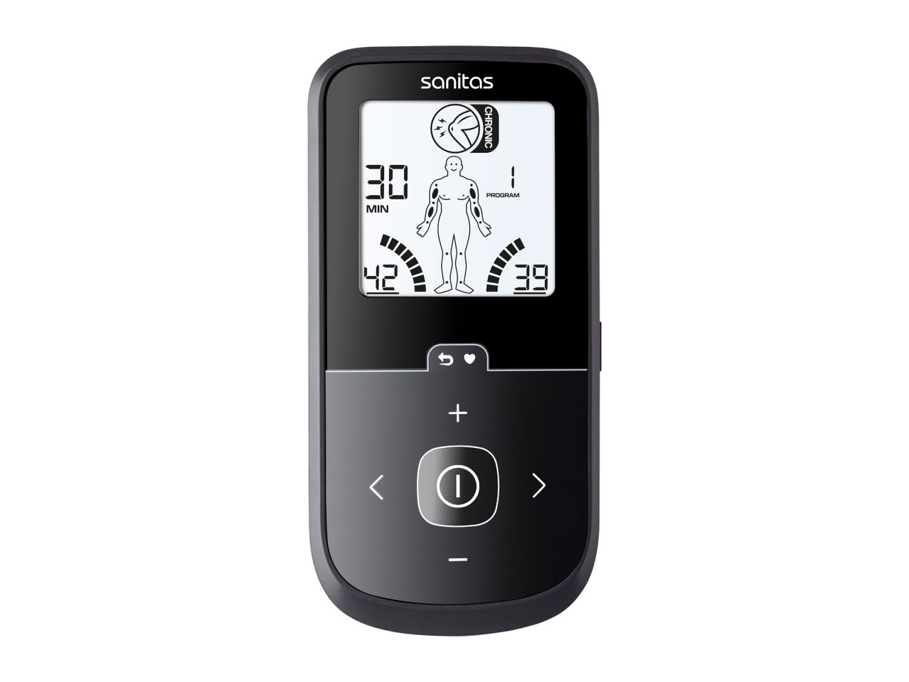 Sanitas TENS/EMS device with a display showing a human body diagram and settings