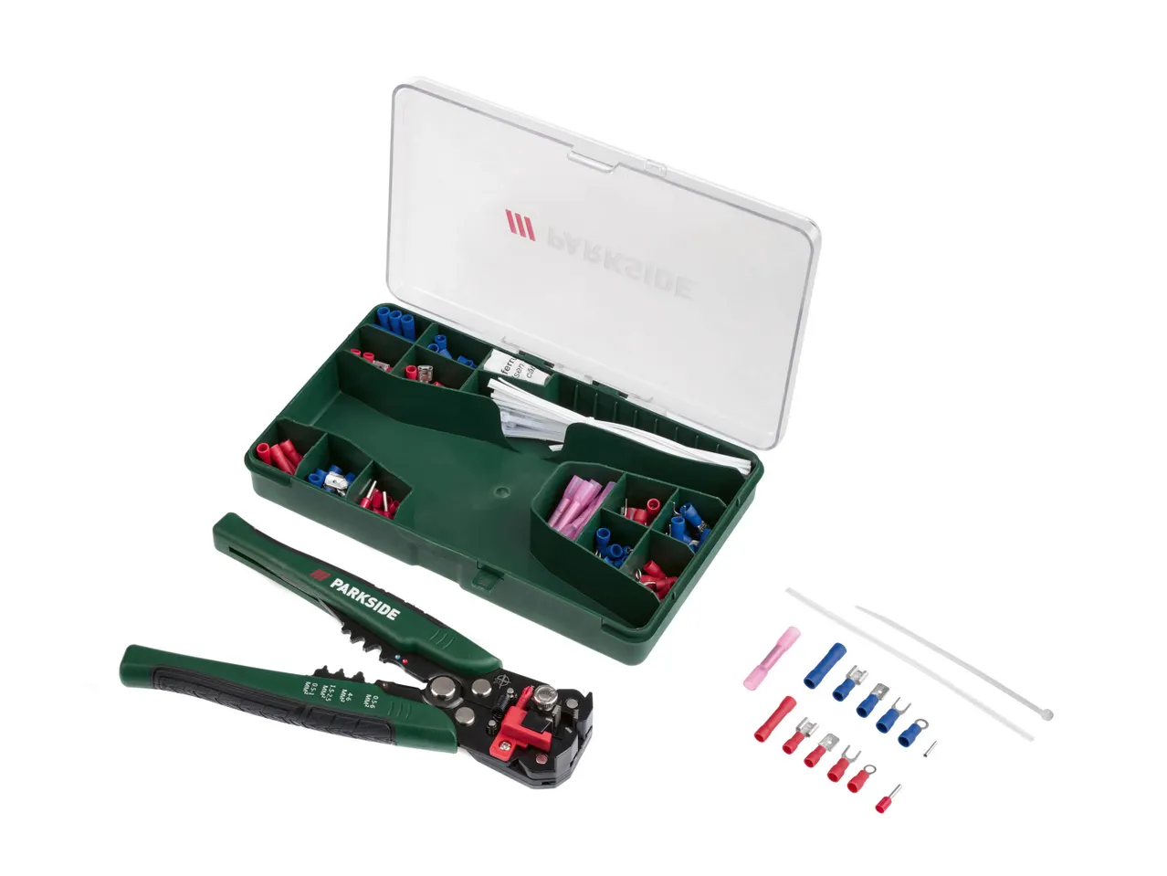 A crimping tool and a case filled with various electrical connectors and cable ties.