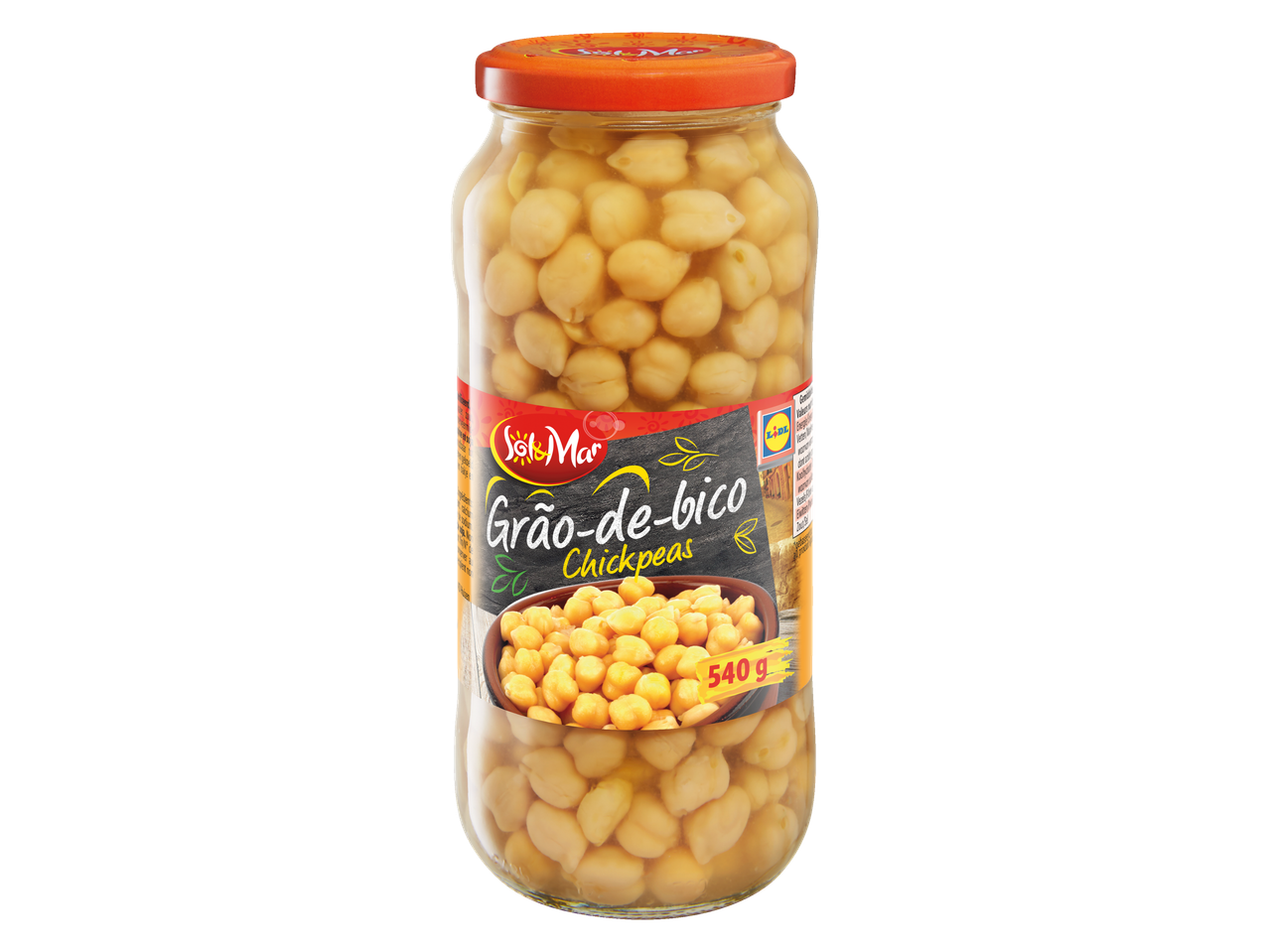 Een pot van 540g Sol&Mar kikkererwten.