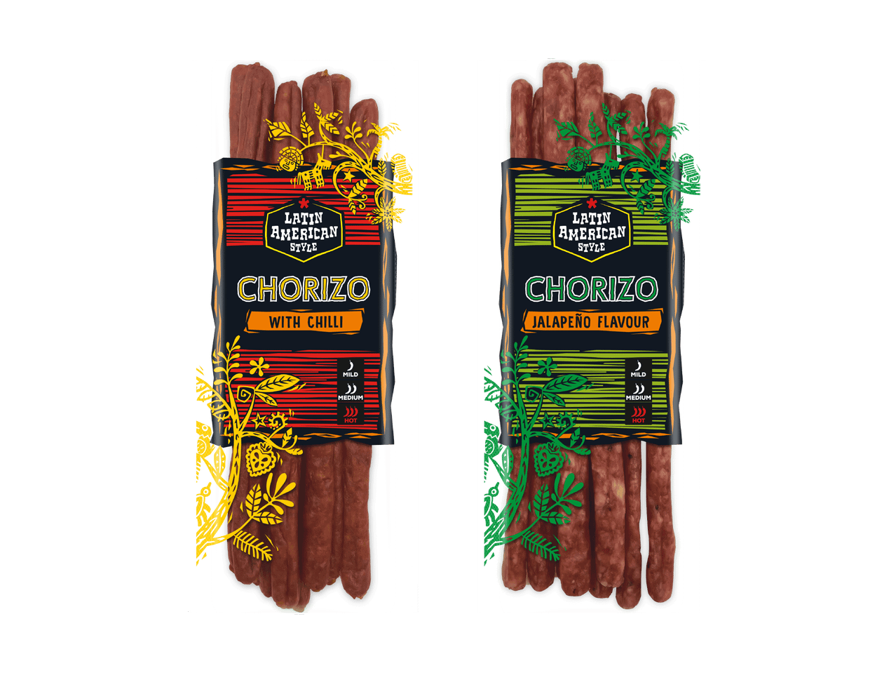 Packungen mit Chorizo im lateinamerikanischen Stil, eine mit Chili und eine mit Jalapeño-Geschmack.