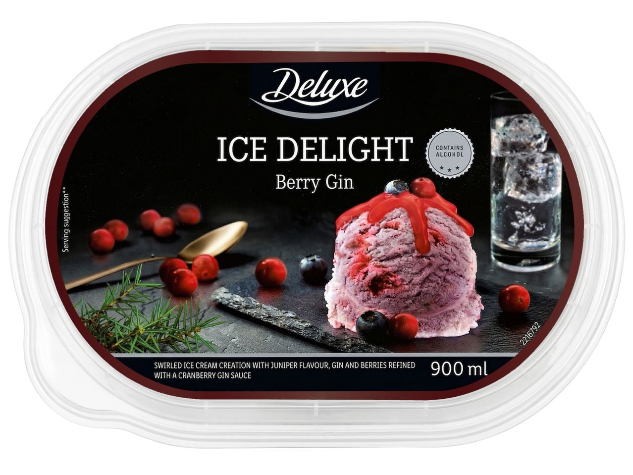 Кутия сладолед с вкус на горски плодове и джин, с надпис „ICE DELIGHT Berry Gin“, 900 мл.