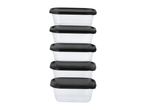Stack of six rectangular clear food storage containers with black lids.