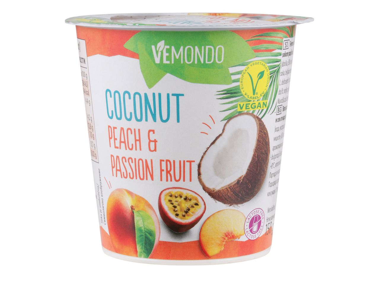 Vemondo jogurt z okusom kokosa, breskve in marakuje.