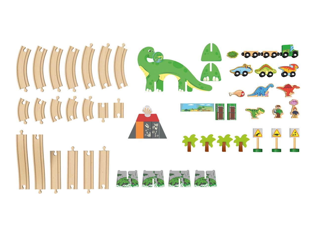 Wooden toy train tracks, dinosaur figures, vehicles, and landscape accessories.