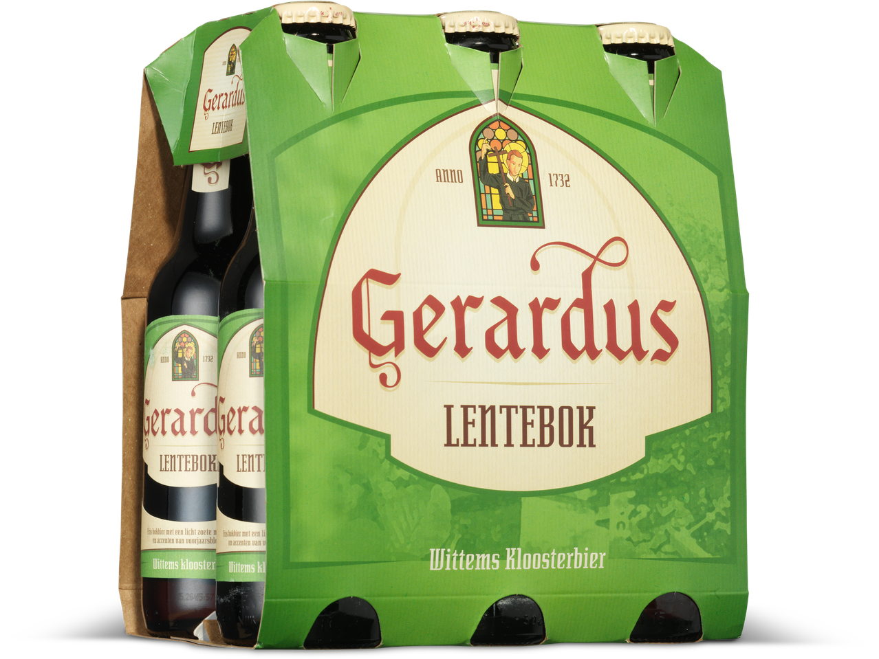 Gerardus Lentebok bier 6-pack met een glas-in-lood monnik ontwerp.