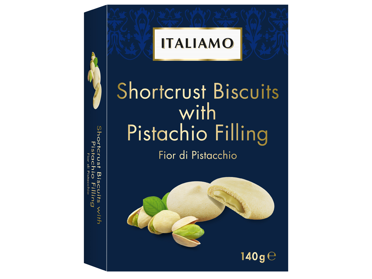 Кутия с бисквити с пълнеж от шамфъстък, с надпис „Shortcrust Biscuits with Pistachio Filling“ и „140 ge“.