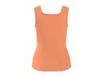 Back view of a plain orange ribbed tank top with a square neckline.
