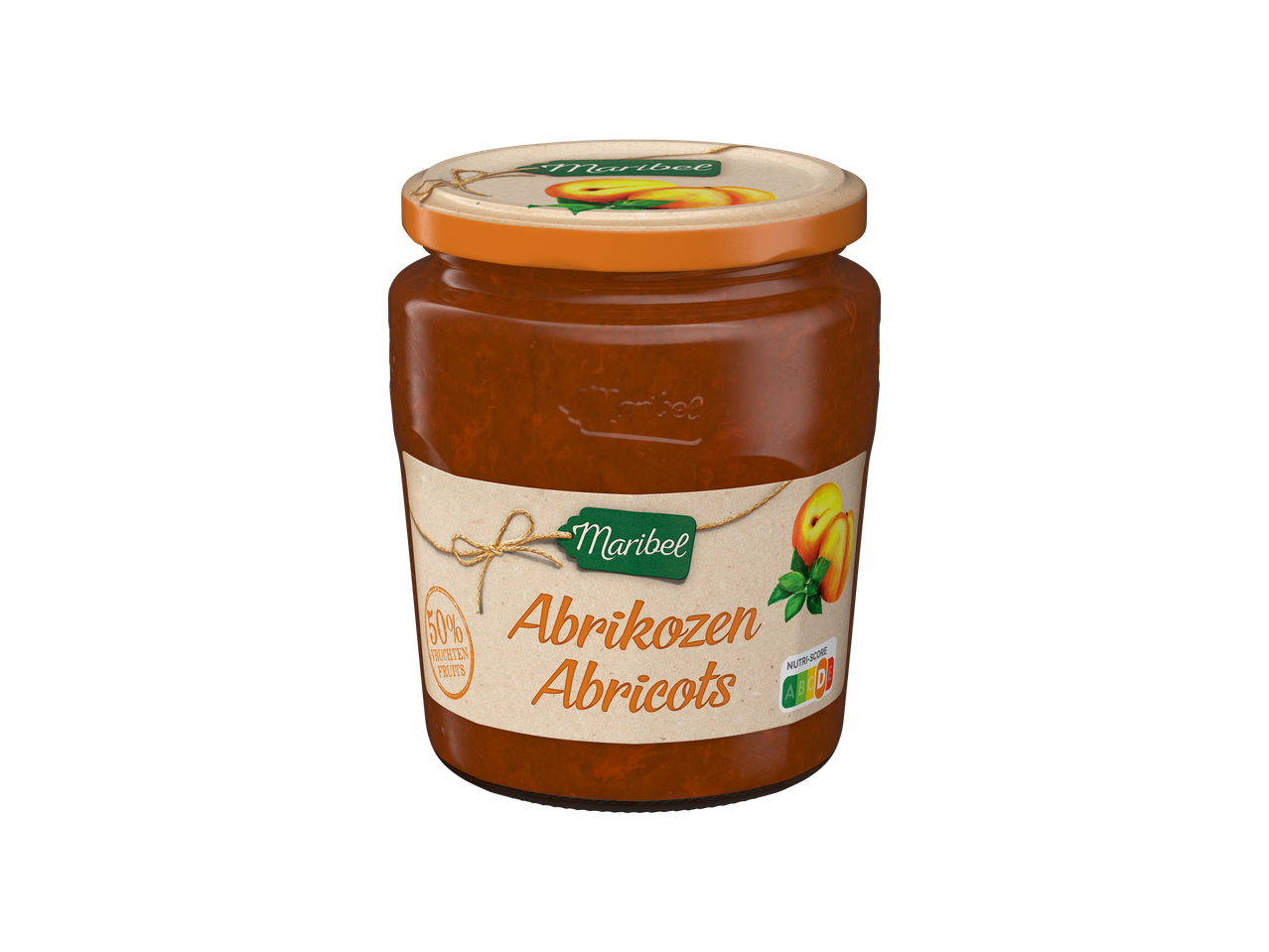 Pot de confiture d'abricots Maribel avec une étiquette montrant des abricots et un Nutri-Score.