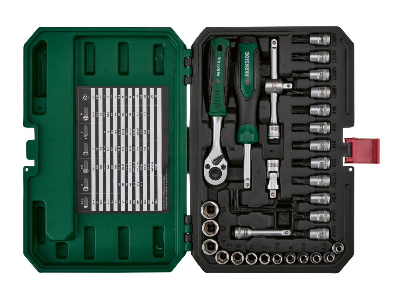 Parkside® padrunvõtmete komplekt narre, kruvikeeraja ja erinevate otsikutega rohelises karbis.