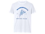 Бяла тениска с щампа на парче пица и надпис 'MARGHERITA SOCIAL CLUB EST 1977'.