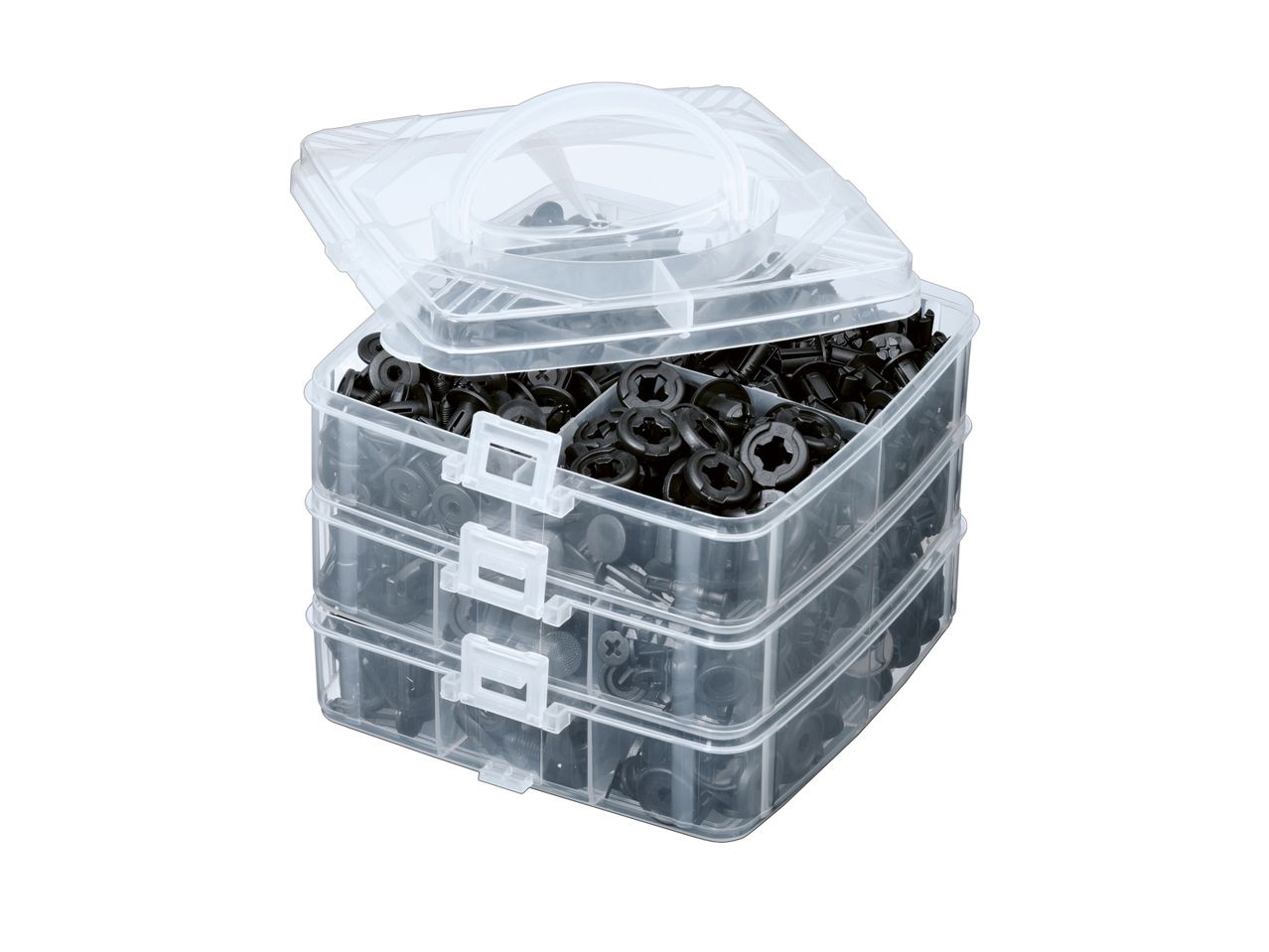 Three stackable plastic containers filled with Fastening Clips and Cable Ties