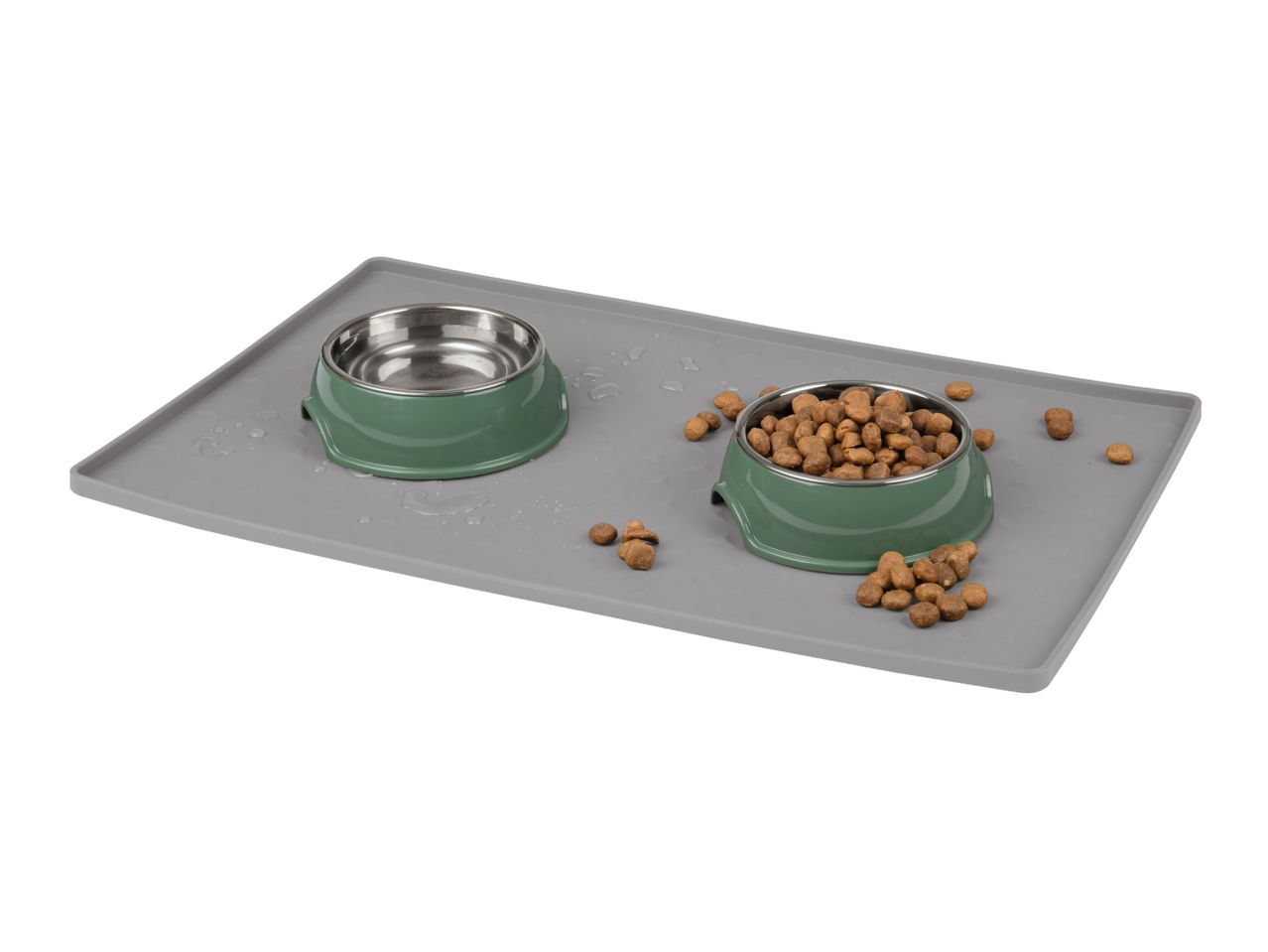Pet feeding mat with two bowls, one with water and one with dry food