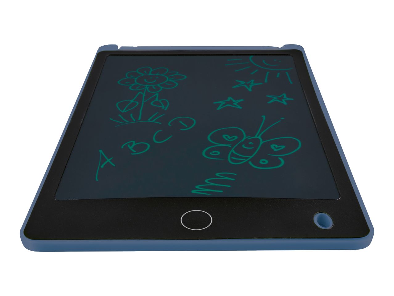 Blue LCD writing tablet with colorful drawings of a flower, sun, stars, butterfly, and letters.