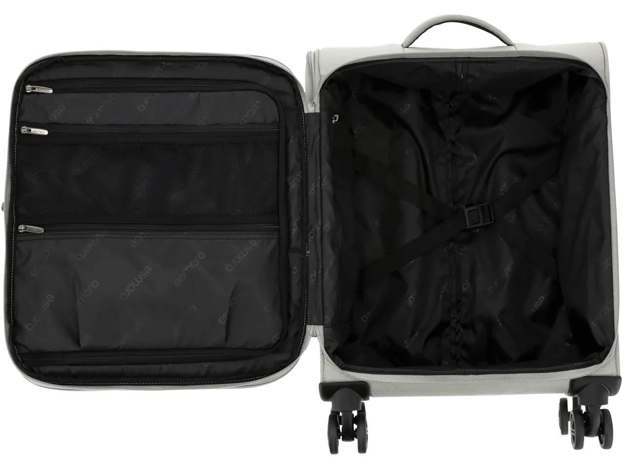 Esmara Cabin Case, open, showing interior with mesh pockets and straps