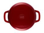 Red SilverCrest cast iron pot with handles, viewed from the bottom.