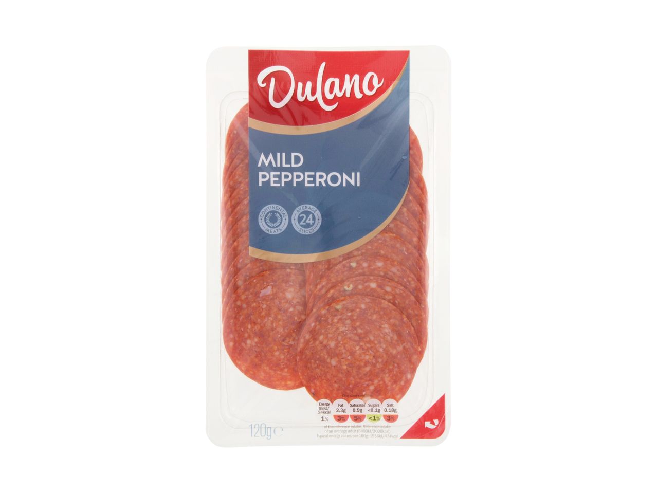 Pack of mild pepperoni slices, 120g, with nutritional information.