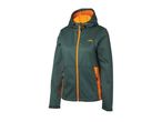 A teal Softshell hooded jacket with orange accents.