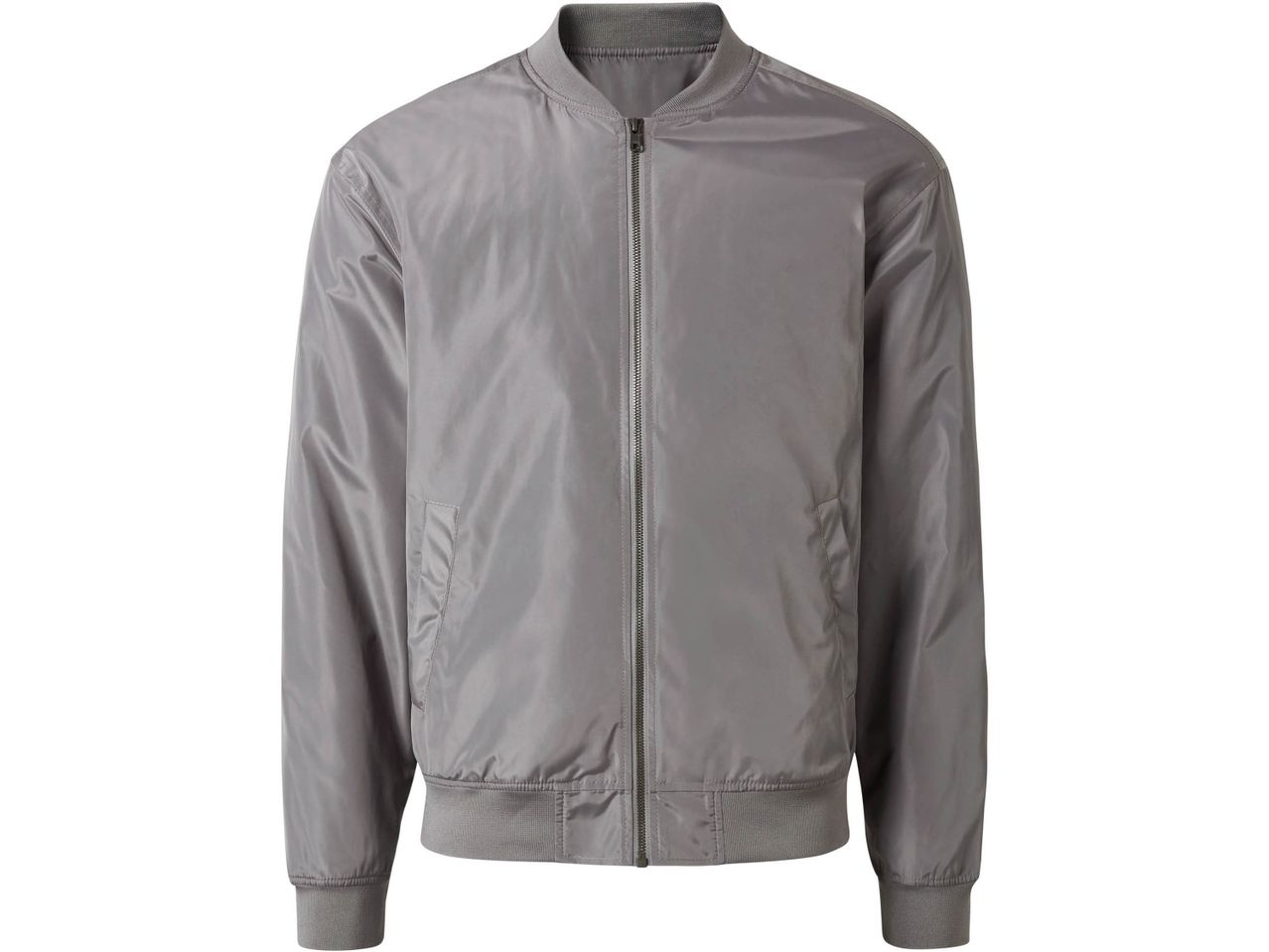 Bomber grigio lucido con cerniera frontale e polsini a costine.