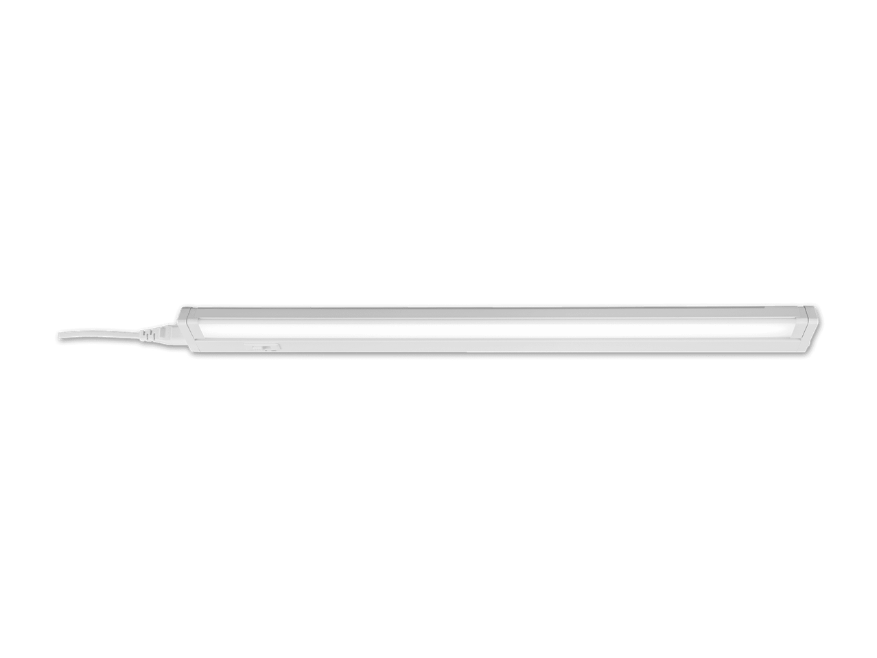 Eine weiße, längliche LED-Leuchte mit einem Kabel auf der linken Seite.