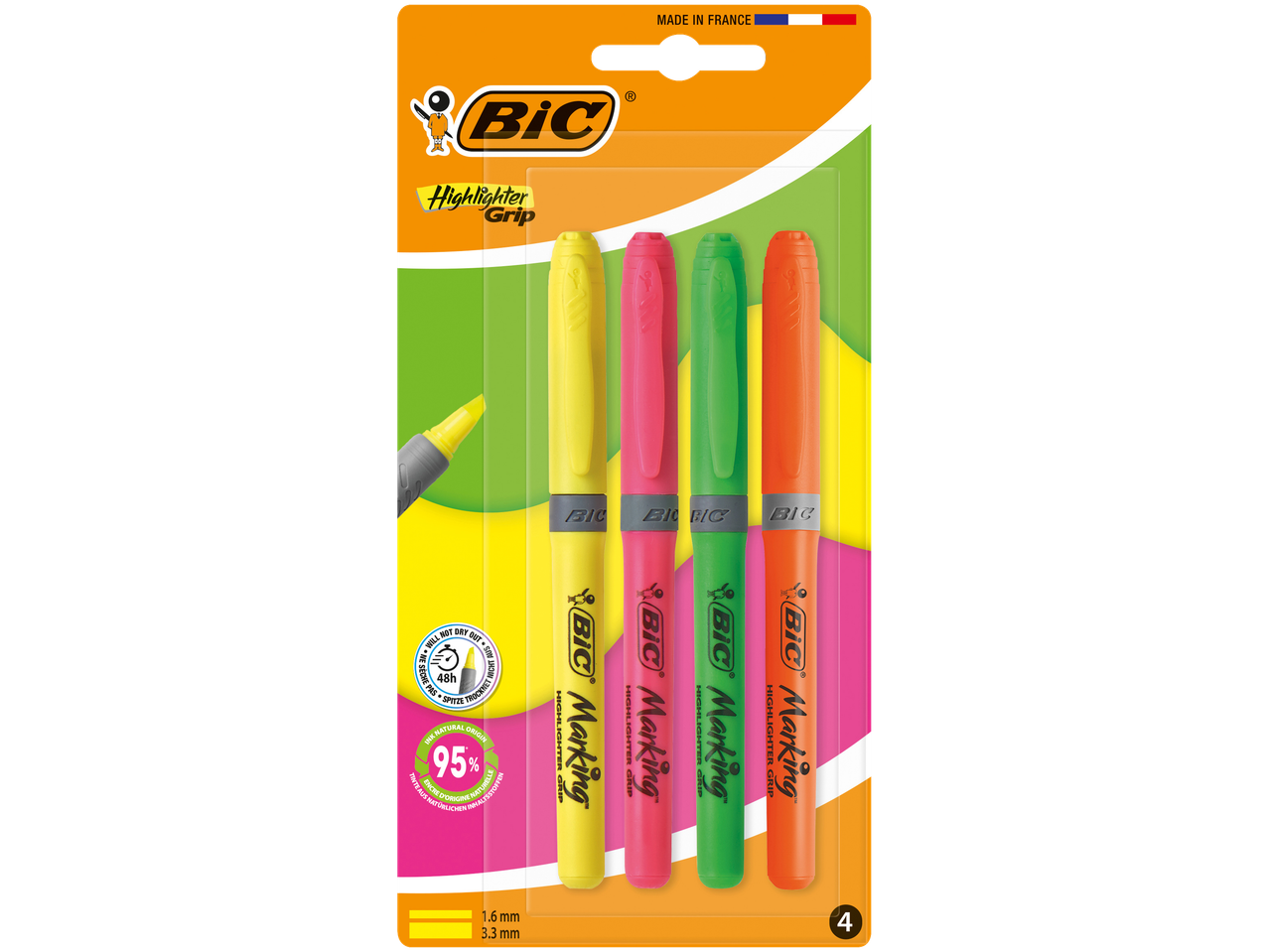 Markere BIC Highlighter Grip, pachet de 4 în galben, roz, verde și portocaliu.