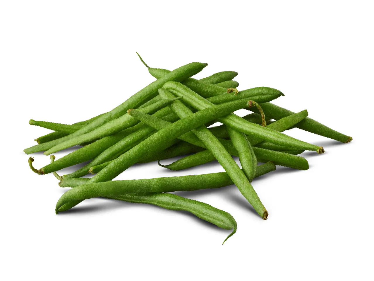 A pile of fresh green beans on a white background.