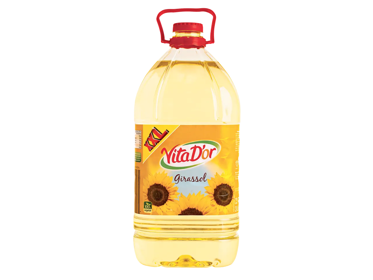 Garrafão de óleo de girassol com rótulo amarelo e girassóis, com a indicação '100% vegetal'.