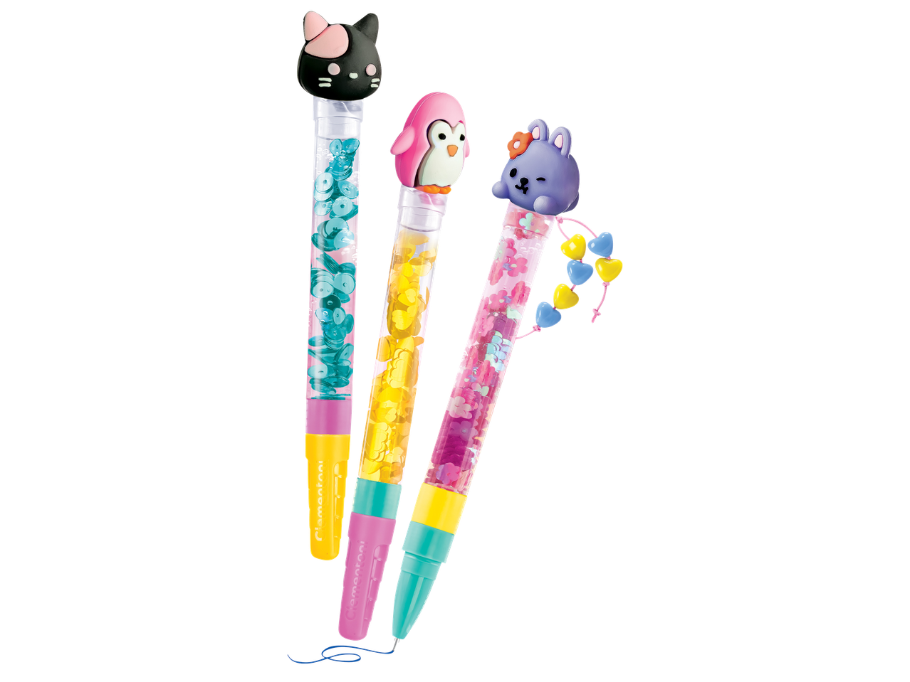 Три химикалки с животински фигурки и брокат, включително котка, пингвин и заек.