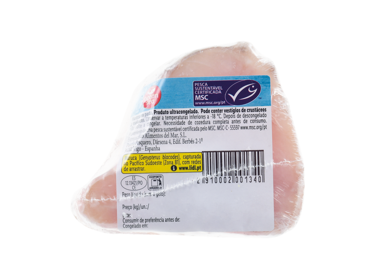 Pacote de filés de pescada congelados da marca Ocean Sea, com certificação MSC.