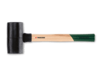 Ein schwarzer Gummihammer mit einem Holzstiel, der teilweise grün lackiert ist und die Aufschrift „HICKORY“ trägt.