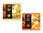 To pakker frugtis: citronfrugtis og appelsinsorbet, begge i iberisk stil.