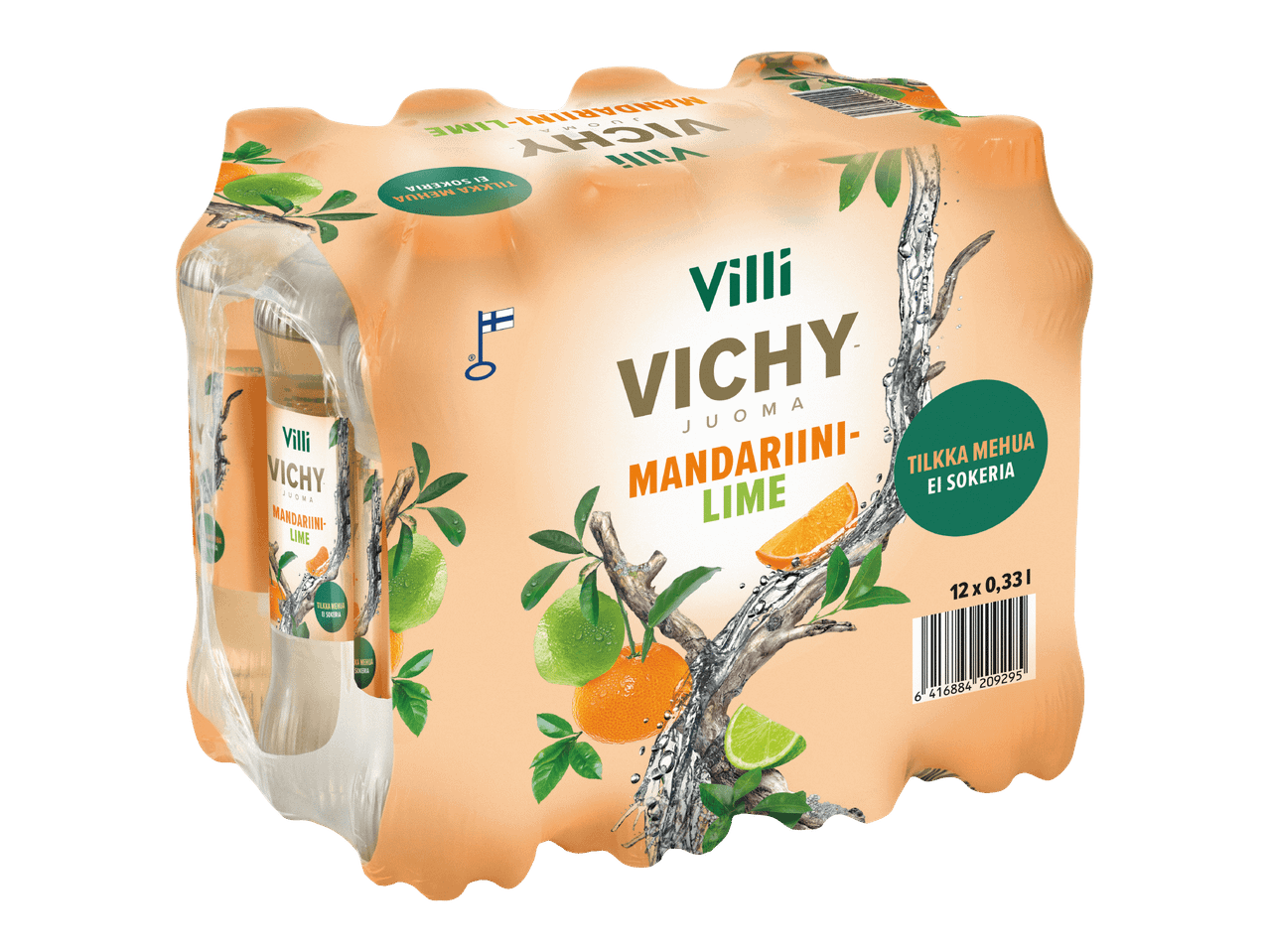 12-pack mandariini-limen makuista kivennäisvettä, jossa on hedelmäkuvitus ja tekstiä.