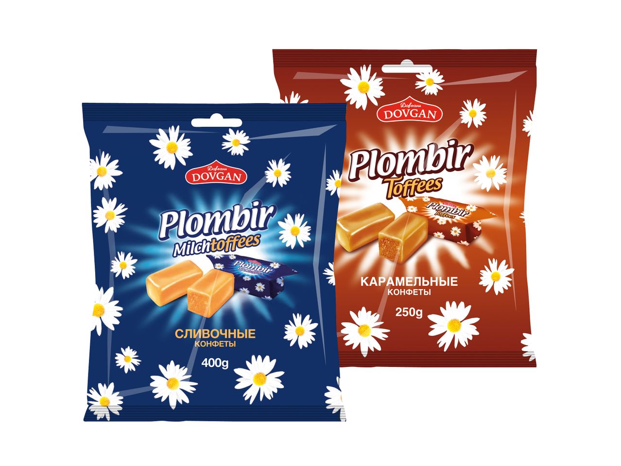 Zwei Packungen Plombir Toffees von Dovgan, eine mit Milch- und eine mit Karamellgeschmack.