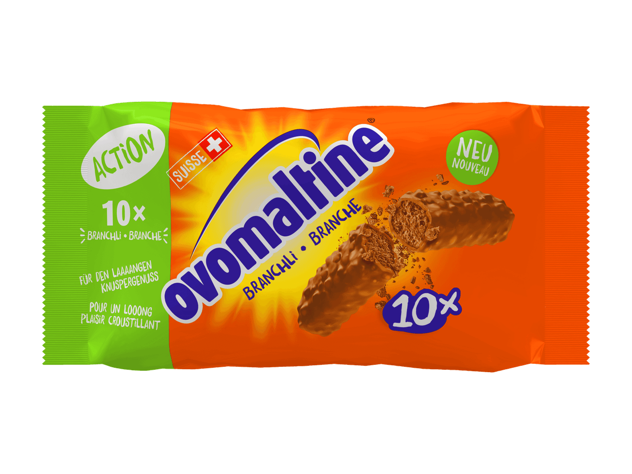 Paquet de 10 barres chocolatées au fourrage croustillant, avec les mentions « NEU » et « ACTION ».