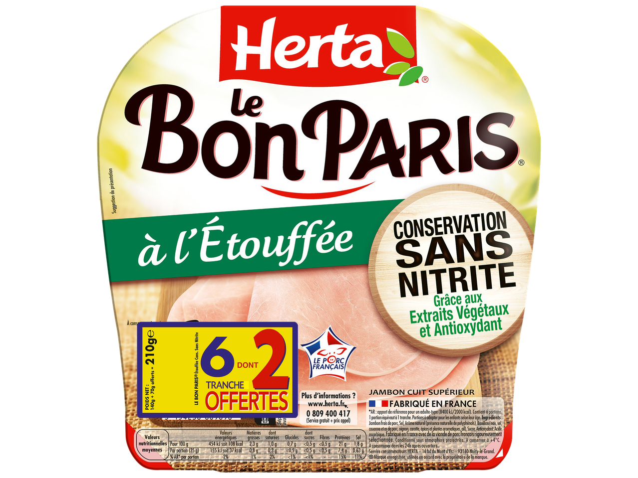 Jambon cuit supérieur à l'étouffée, sans nitrite, avec 6 tranches dont 2 offertes.