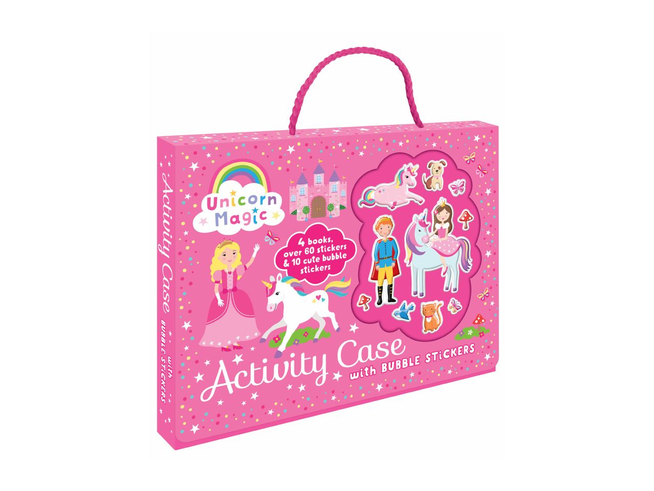 Unicorn Magic Activity Case with 4 books, over 60 stickers, and 10 bubble stickers.