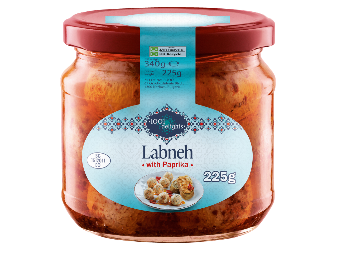 1001 Delights Labneh with Paprika in a jar, showing a serving suggestion of cheese balls.