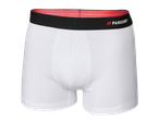 Boxer blanc pour homme avec ceinture élastique noire et rouge.
